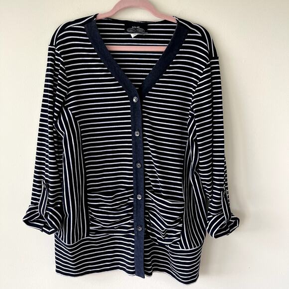 Solar Sweaters - Solar by Lasania Womens Preppy Button-Up Striped Cardigan Size 16 Nautical Beach